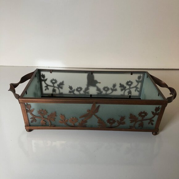 Partylite Flowers Butterfly Dragonfly Tray Copper Color Base and Frosted Glass - Picture 1 of 8